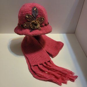 Pink & Brown Crochet Hat and Knit Scarf Set